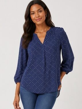 Como Black Swiss Dot Navy Blue Long Sleeve Blouse - size Large